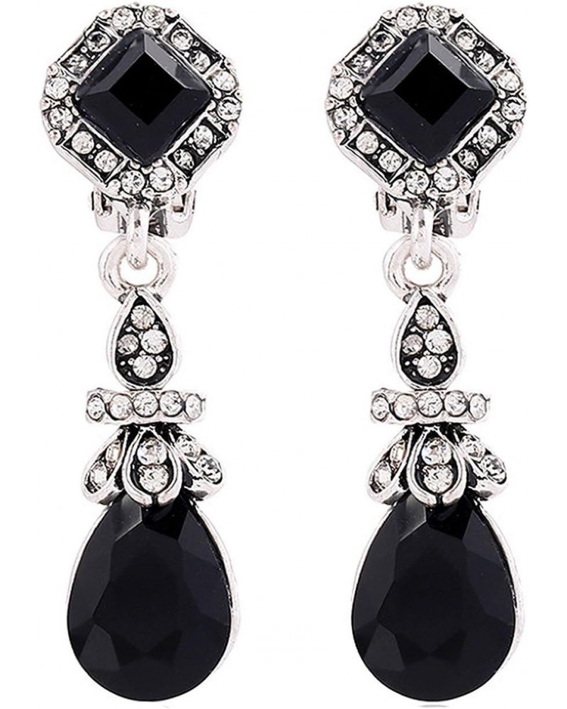 Silver Tone Art Deco Antique Vintage Style Jet Black Onyx Rhinestone Dangle Clip-On Earrings $11.33 Earrings