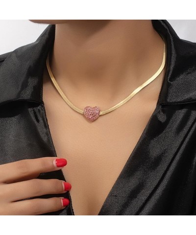 Chunky Heart Pendant Necklaces Snake Chain Necklaces Herringbone Choker Necklace Rhinestone Chunky Heart Necklaces Jewelry Gi...