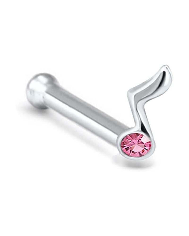 925 Sterling Silver Nose Bone Nose Stud Ring Music Note Pink Stone 22G $8.83 Body Jewelry