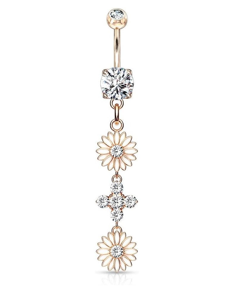 14GA Stainless Steel CZ Crystal Double Sunflower Dangling Belly Button Ring Rose Gold Tone $8.79 Body Jewelry