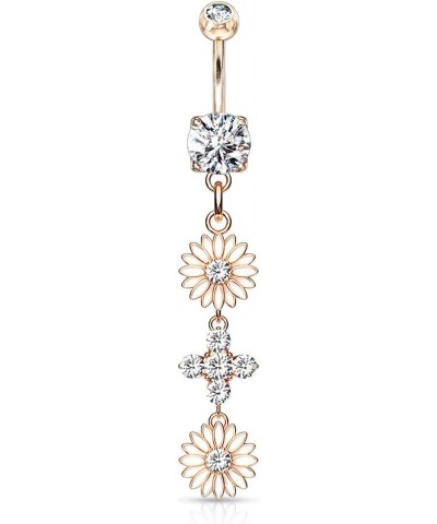 14GA Stainless Steel CZ Crystal Double Sunflower Dangling Belly Button Ring Rose Gold Tone $8.79 Body Jewelry