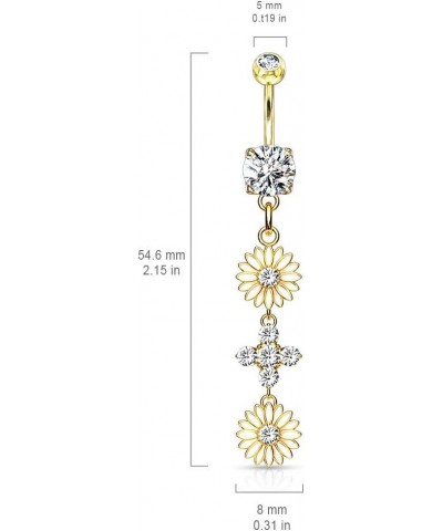 14GA Stainless Steel CZ Crystal Double Sunflower Dangling Belly Button Ring Rose Gold Tone $8.79 Body Jewelry