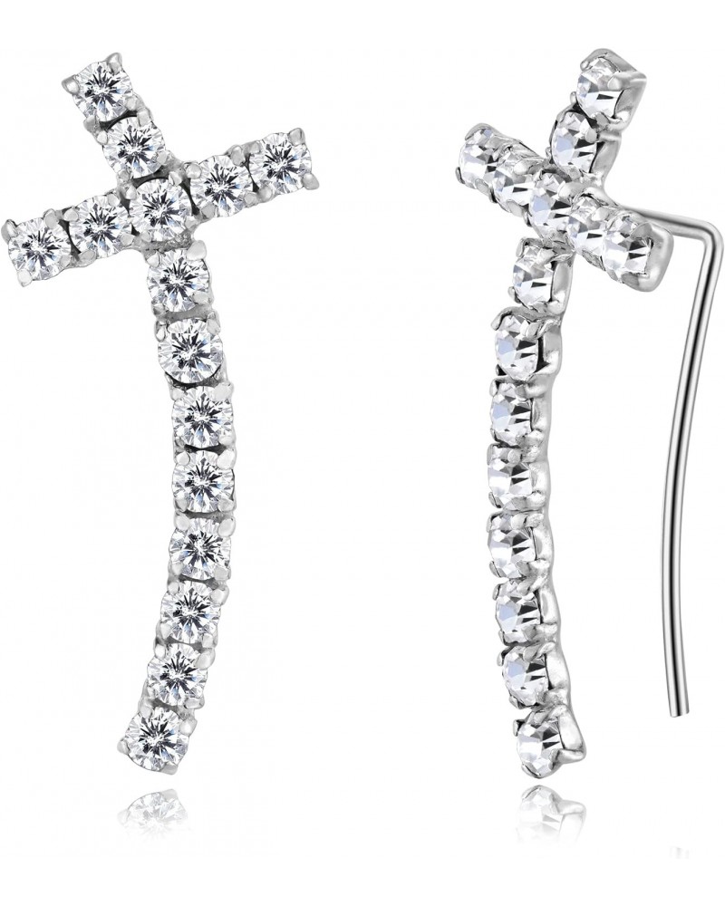 Retro Iconic Cross .925 Sterling Silver & White Cubic Zirconia Ear Crawler Earrings $9.27 Earrings