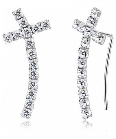 Retro Iconic Cross .925 Sterling Silver & White Cubic Zirconia Ear Crawler Earrings $9.27 Earrings