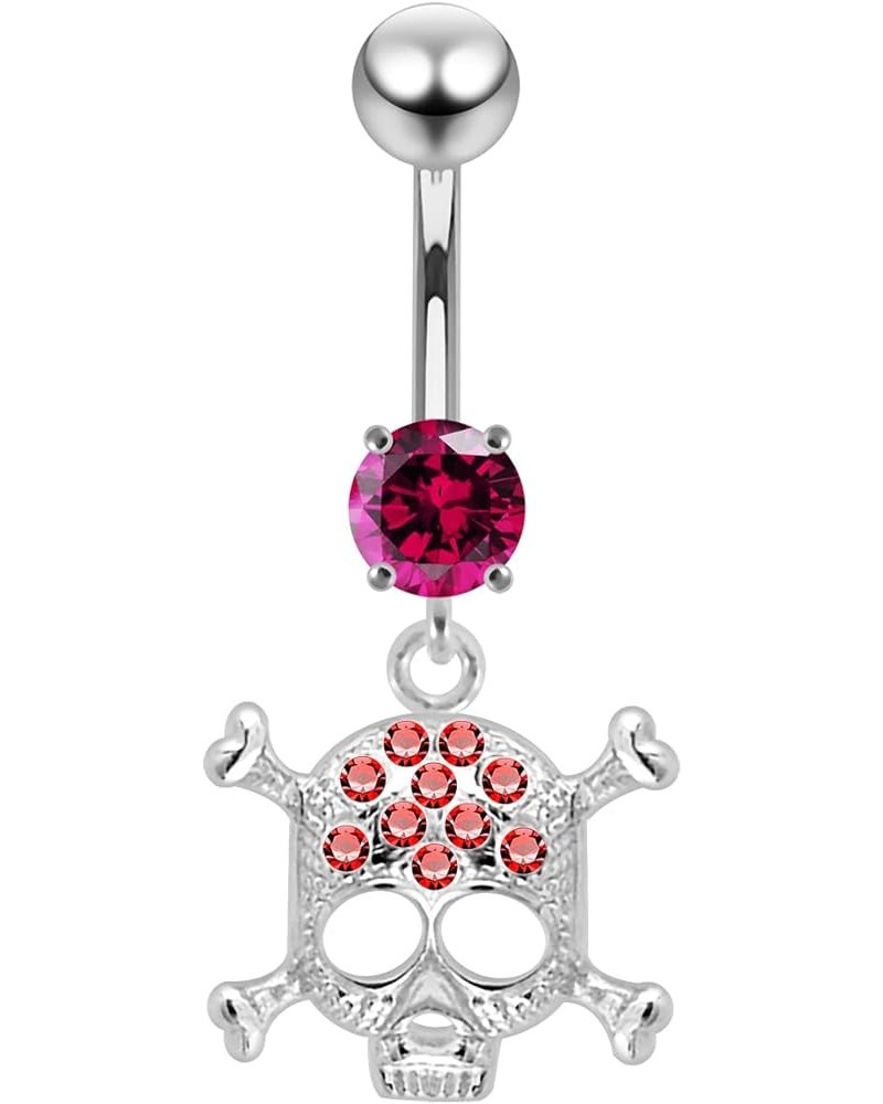 Fancy Danger Skull Dangling 925 Sterling Silver with Stainless Steel Belly Button Navel Rings Red $14.36 Body Jewelry