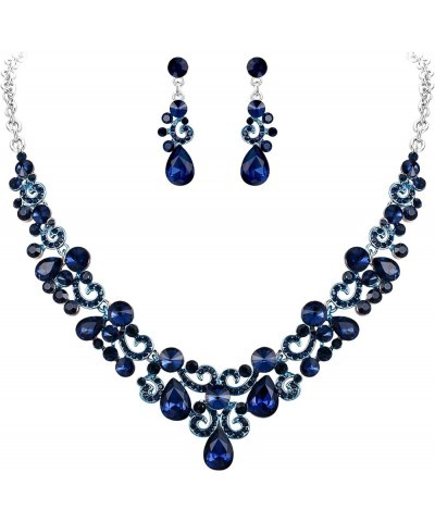 Elegant Wedding Bridal Jewelry Accessory Crystal Teardrop Floral Wave Necklace Earrings Set for Women Blue Silver-Tone $15.92...