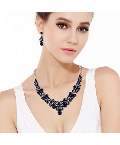 Elegant Wedding Bridal Jewelry Accessory Crystal Teardrop Floral Wave Necklace Earrings Set for Women Blue Silver-Tone $15.92...