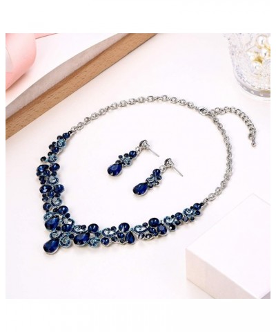 Elegant Wedding Bridal Jewelry Accessory Crystal Teardrop Floral Wave Necklace Earrings Set for Women Blue Silver-Tone $15.92...