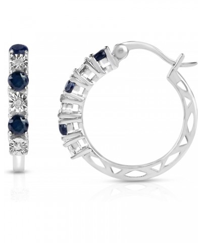 Real Diamond & Blue Sapphire Hoop Earrings for Women | 925 Sterling Silver Sapphire Earrings | Diamond Hoop with Blue Sapphir...