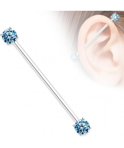 14GA 316L Surgical Steel Round CZ Crystal Industrial Barbell Silver Tone / Aqua $10.26 Body Jewelry