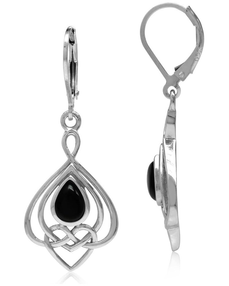 Teardrop Cabochon 925 Sterling Silver Celtic Love Heart Eternity Dangle Leverback Earrings Jewelry for Women natural black on...