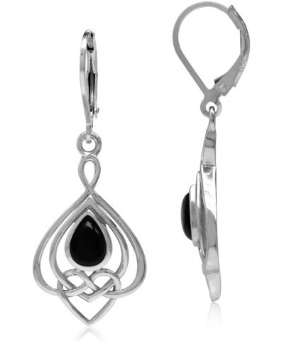 Teardrop Cabochon 925 Sterling Silver Celtic Love Heart Eternity Dangle Leverback Earrings Jewelry for Women natural black on...