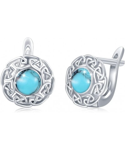 Sterling Silver Turquoise Earrings Celtic Knot Round Shape Hoop Earrings White Gold Plated Hypoallergenic Tiny Boho Leverback...