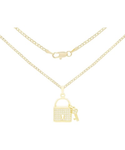 BEBERLINI Lock Love Pendant 14K Gold Filled Box Rope Cuban Link Necklace CZ Charm Set Lobster Clasp Cubic Zirconia Fashion Je...