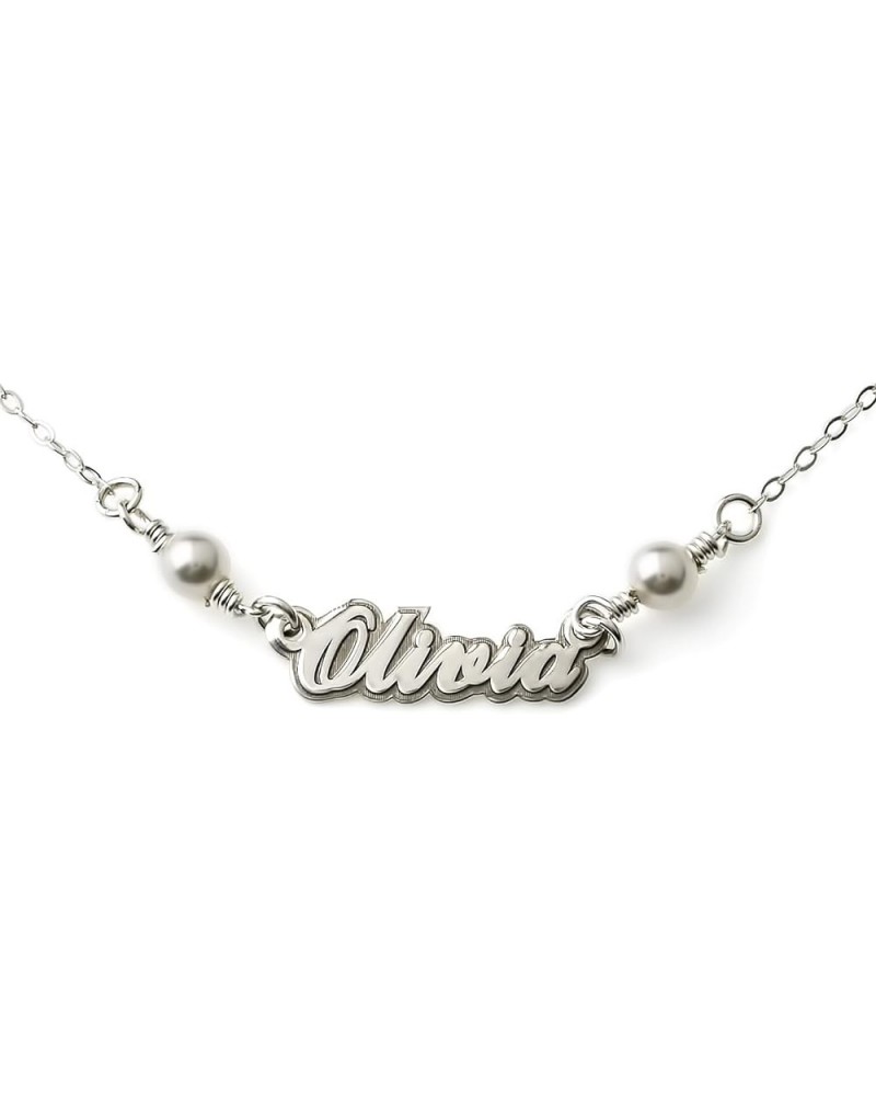 Petite Nameplate Sterling Silver Necklace With Swarovski Pearls. Choice Sterling Silver, 14K Gold Plated or 14K Rose Gold 16"...