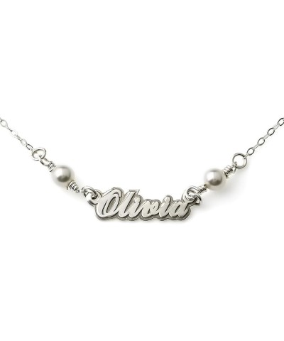 Petite Nameplate Sterling Silver Necklace With Swarovski Pearls. Choice Sterling Silver, 14K Gold Plated or 14K Rose Gold 16"...