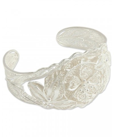 Handmade .925 Sterling Silver Cuff Bracelet Women's Floral No Stone Indonesia [5.5 in L (end to End) x 1.2 in W] 'Filigree Wi...