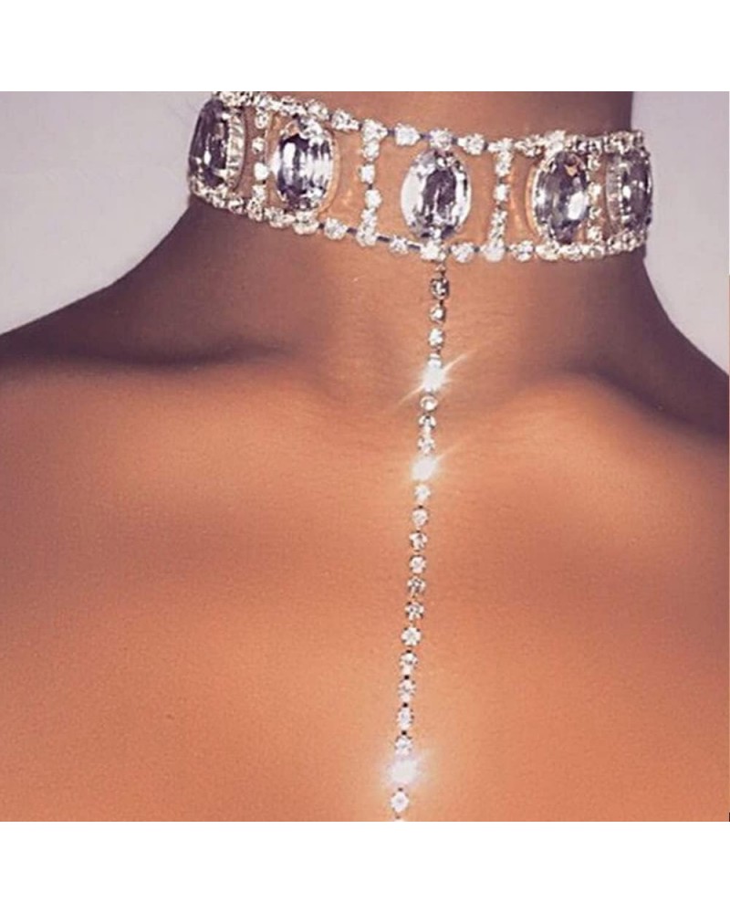 Statement Bling Crystal Thick Choker Rhinestones Long Chain Y Necklace for Women and Girls Silver $12.38 Necklaces