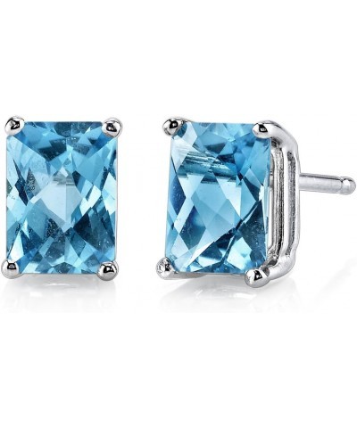 Solid 14K White Gold Swiss Blue Topaz Earrings for Women, Genuine Gemstone Birthstone Solitaire Studs, 7x5mm Radiant Cut, 2.2...