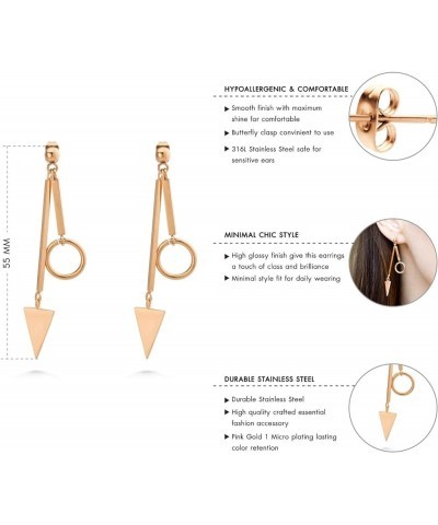 Womens Hanging Hoop Triangle Stainless Steel Bead Ball Studs Earrings Pink Rose Gold $10.43 Earrings