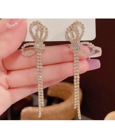 Bow Drop Earrings for Women Girls Silver Crystal Bowknot Tassels Statement Earrings Lightweight Shiny Bar Earrings Set Jewelr...