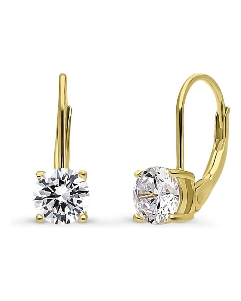 Sterling Silver Solitaire Round Cubic Zirconia CZ Anniversary Leverback Dangle Drop Earrings for Women, Yellow Gold Flashed 6...