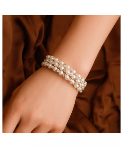 4-Strand Faux Pearl Stretch Bracelet Open Cuff Imitation Pearl Bangle Multilayer Crystal Winding Spiral Bracelet Wedding Brid...