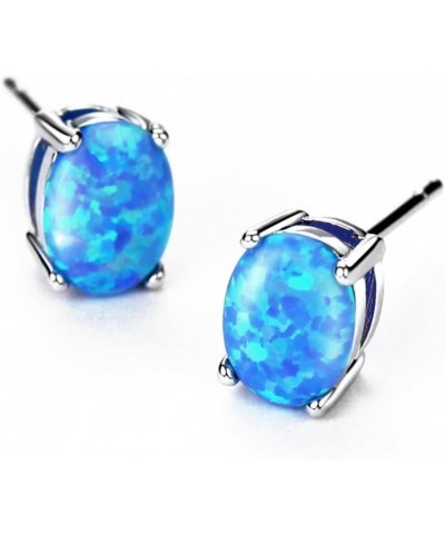 Sterling Silver Opal Stud Earrings for Women Solitaire 6x8mm Oval Cut Opal Gemstone Earrings for Girls Blue $11.20 Earrings