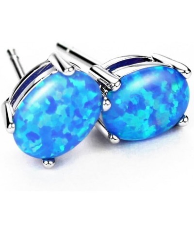 Sterling Silver Opal Stud Earrings for Women Solitaire 6x8mm Oval Cut Opal Gemstone Earrings for Girls Blue $11.20 Earrings