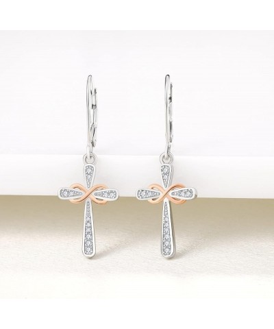 Cross Earrings 925 Sterling Silver Infinity Leverback Earrings Cross Dangle Drop Religious Jewelry Christian Baptism Gift 04-...