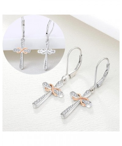 Cross Earrings 925 Sterling Silver Infinity Leverback Earrings Cross Dangle Drop Religious Jewelry Christian Baptism Gift 04-...