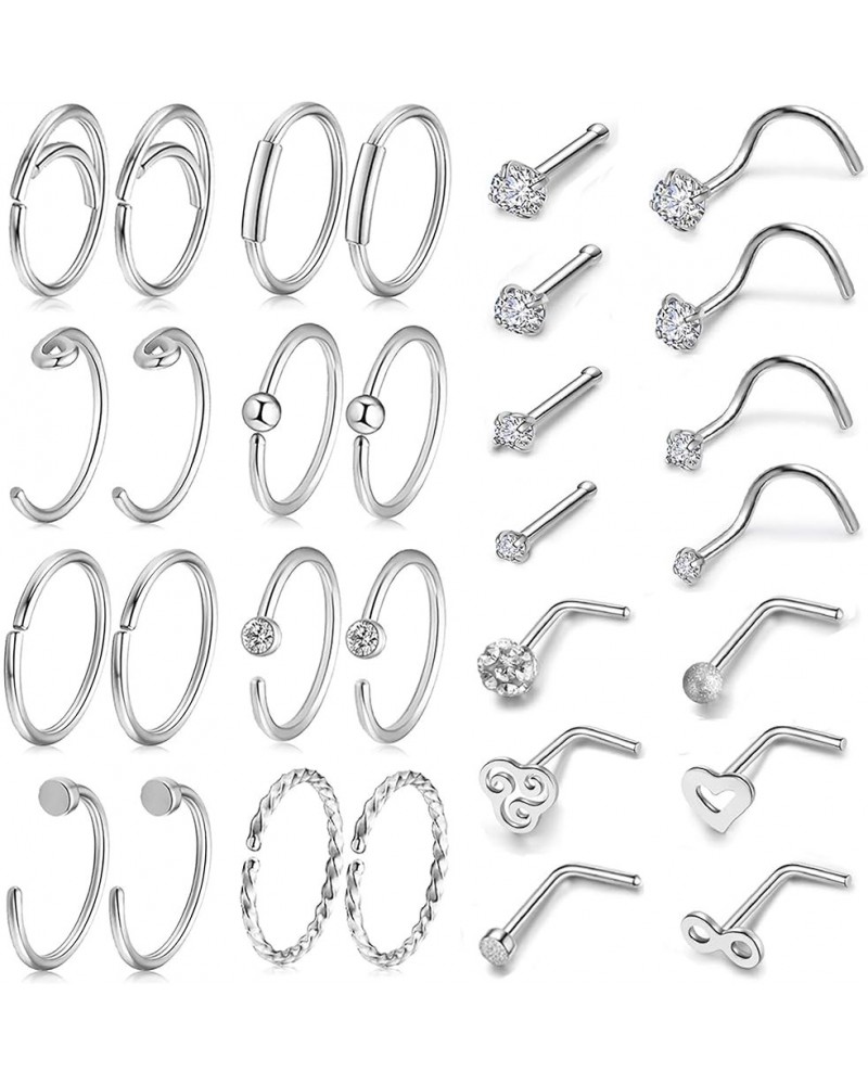 20G Nose Rings Set 30-40Pcs Bone Screw L Shaped Nose Studs Hypoallergenic Tragus Cartilage Nose Ring Hoop Stainless Steel Nos...