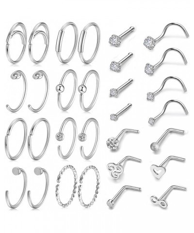 20G Nose Rings Set 30-40Pcs Bone Screw L Shaped Nose Studs Hypoallergenic Tragus Cartilage Nose Ring Hoop Stainless Steel Nos...