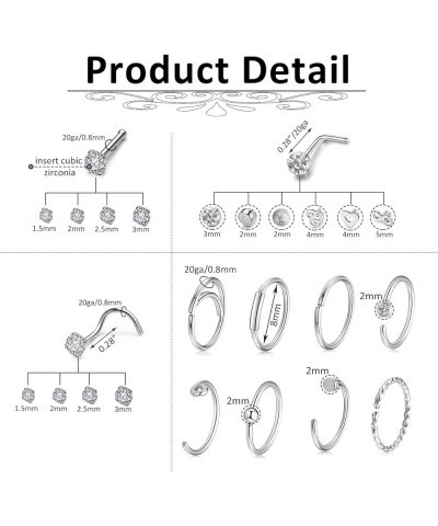 20G Nose Rings Set 30-40Pcs Bone Screw L Shaped Nose Studs Hypoallergenic Tragus Cartilage Nose Ring Hoop Stainless Steel Nos...