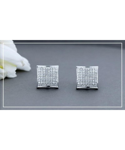 Round White Diamond Concave Square Shape Unisex Stud Earrings (Color I-J, Clarity I2-I3) in 925 Sterling Silver 0.75 Carat Pu...