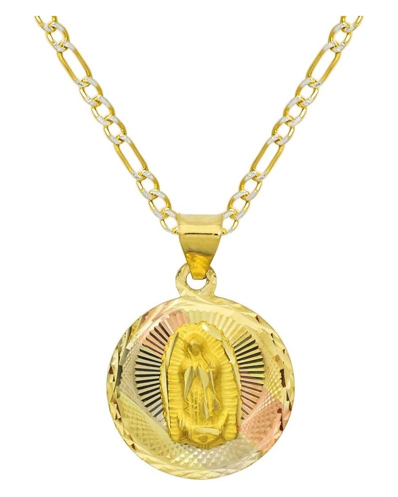 14K Tri Color Gold Virgin Mary Guadalupe Charm Pendant Necklace - 2.0 mm White Pave Figaro Chain $97.73 Necklaces