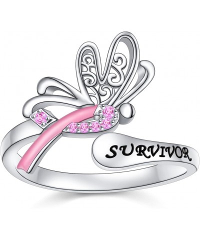 925 Sterling Silver Breast Cancer Awareness Ring, Butterfly Pink Ribbon Rings with CZ Breast Cancer Survivor Jewelry Faith In...