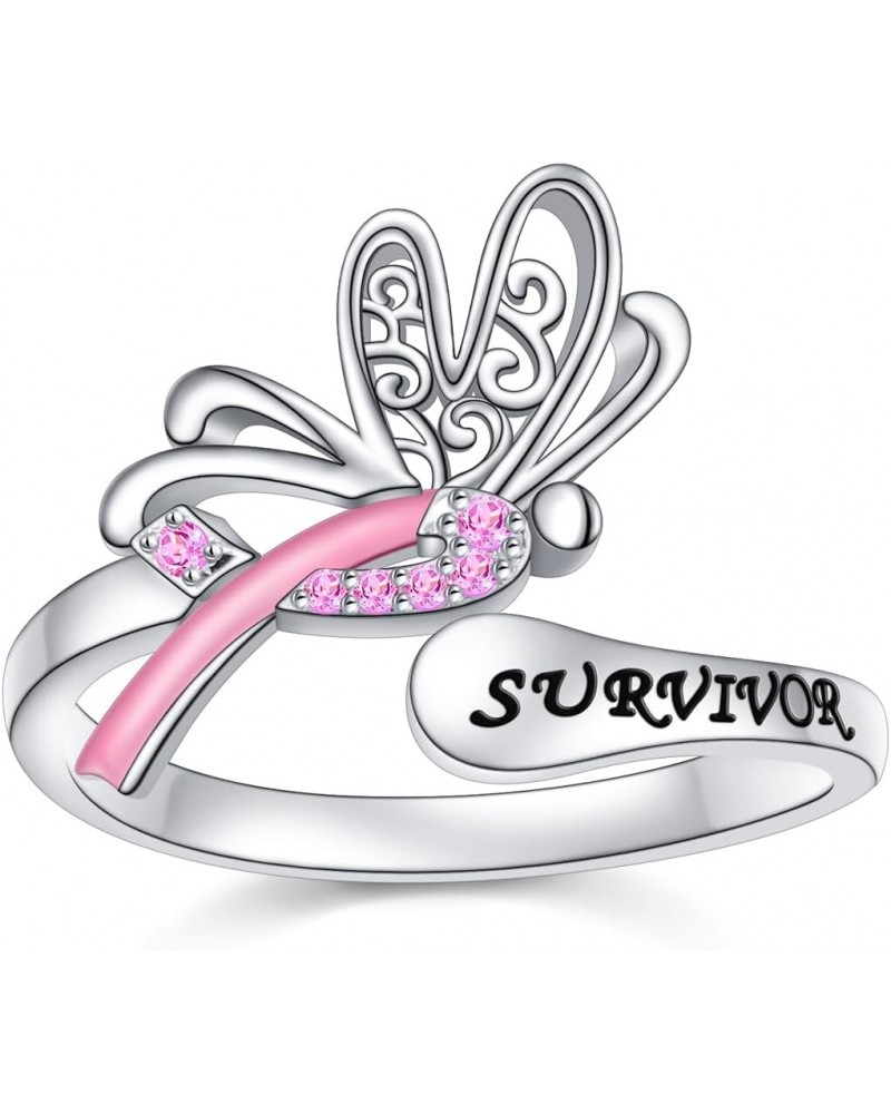 925 Sterling Silver Breast Cancer Awareness Ring, Butterfly Pink Ribbon Rings with CZ Breast Cancer Survivor Jewelry Faith In...