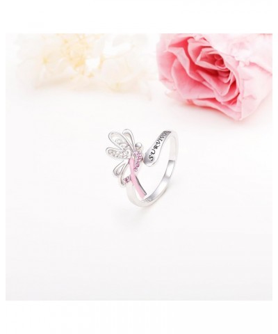 925 Sterling Silver Breast Cancer Awareness Ring, Butterfly Pink Ribbon Rings with CZ Breast Cancer Survivor Jewelry Faith In...