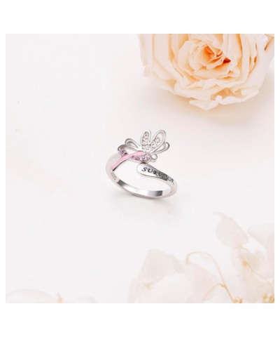 925 Sterling Silver Breast Cancer Awareness Ring, Butterfly Pink Ribbon Rings with CZ Breast Cancer Survivor Jewelry Faith In...