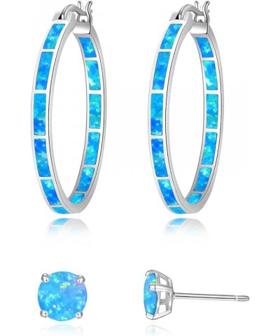 Opal Hoop Earrings,Women Jewelry Rhodium Plated/Rose Gold or Yellow Gold Plated Gemstone Big Hoop Earrings 32mm Blue+stud $12...