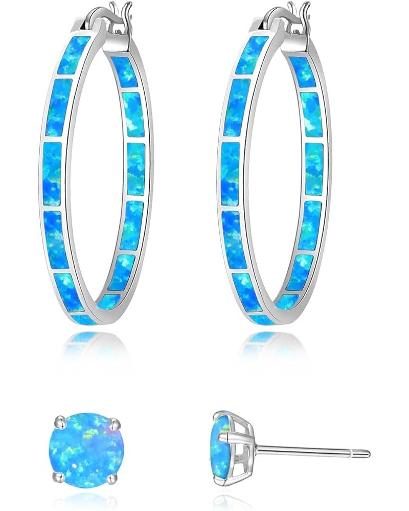 Opal Hoop Earrings,Women Jewelry Rhodium Plated/Rose Gold or Yellow Gold Plated Gemstone Big Hoop Earrings 32mm Blue+stud $12...