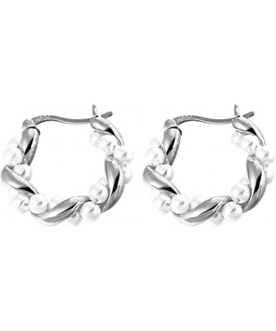 Fashion Shell Pearl Twist Hoop Earrings for Women Girls Cartilage 925 Sterling Silver Pin Post Cultured Freshwater Pearls Sma...