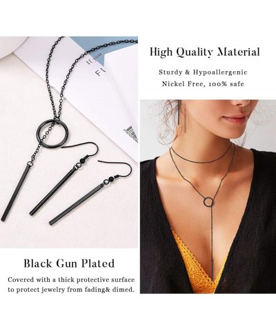 Long Necklaces for Women 14K Gold Plated Dainty Drop Bar Pendant Lariat Y-Shaped Necklace Earring Set 28inch/73cm 03:Black Se...