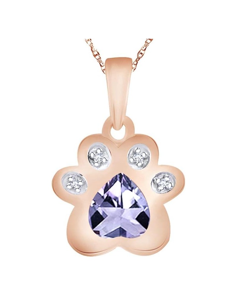 Heart & Round Cut Simulated Birthstone & White Natural Diamond Accent Paw Print Pendant Necklace Along With 18" Silver Chain ...