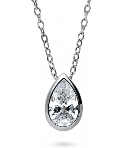 Sterling Silver Solitaire Bezel Set Pear Cut Cubic Zirconia CZ Anniversary Pendant Necklace for Women, Rhodium Plated 0.8 Car...