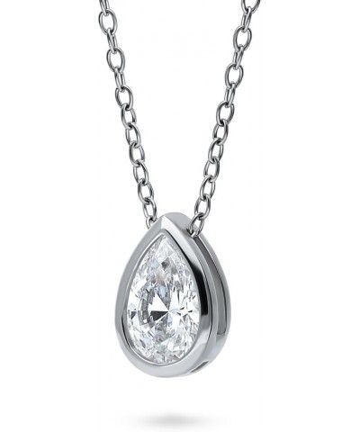 Sterling Silver Solitaire Bezel Set Pear Cut Cubic Zirconia CZ Anniversary Pendant Necklace for Women, Rhodium Plated 0.8 Car...