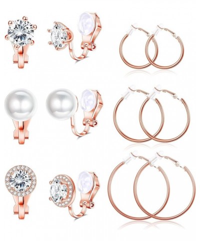 6 Pairs Clip On Earrings for Women Fashion Hoop CZ Pearl Stud Earrings Women Clip On Earrings Set Rose gold Tone $8.66 Earrings