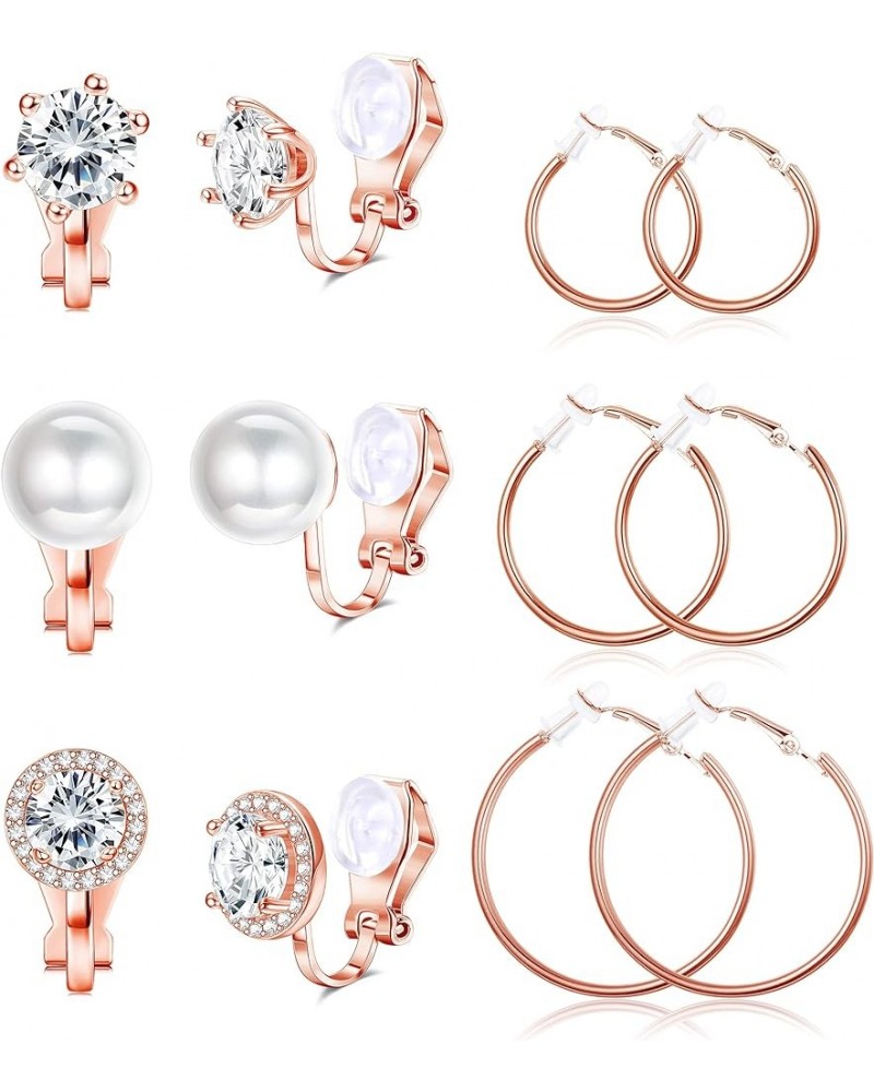 6 Pairs Clip On Earrings for Women Fashion Hoop CZ Pearl Stud Earrings Women Clip On Earrings Set Rose gold Tone $8.66 Earrings