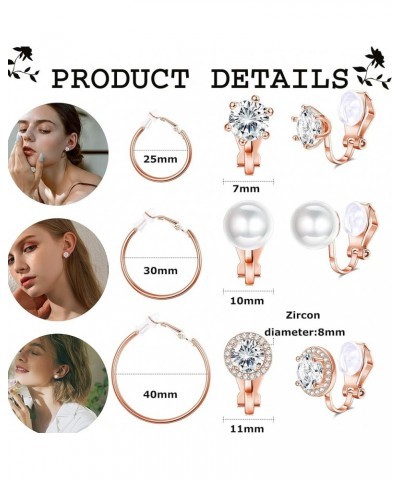 6 Pairs Clip On Earrings for Women Fashion Hoop CZ Pearl Stud Earrings Women Clip On Earrings Set Rose gold Tone $8.66 Earrings